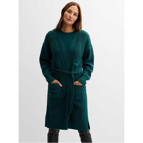 Nine West Womens Cardigan Sweater Medium Teal Ribbed Belted Capsule Cozy Winter - Picture 1 of 10